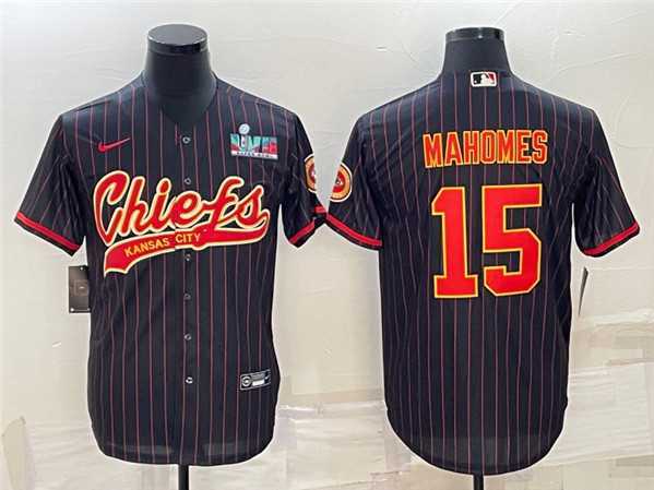 Mens Kansas City Chiefs #15 Patrick Mahomes Black With Super Bowl LVII Patch Cool Base Stitched Baseball Jersey